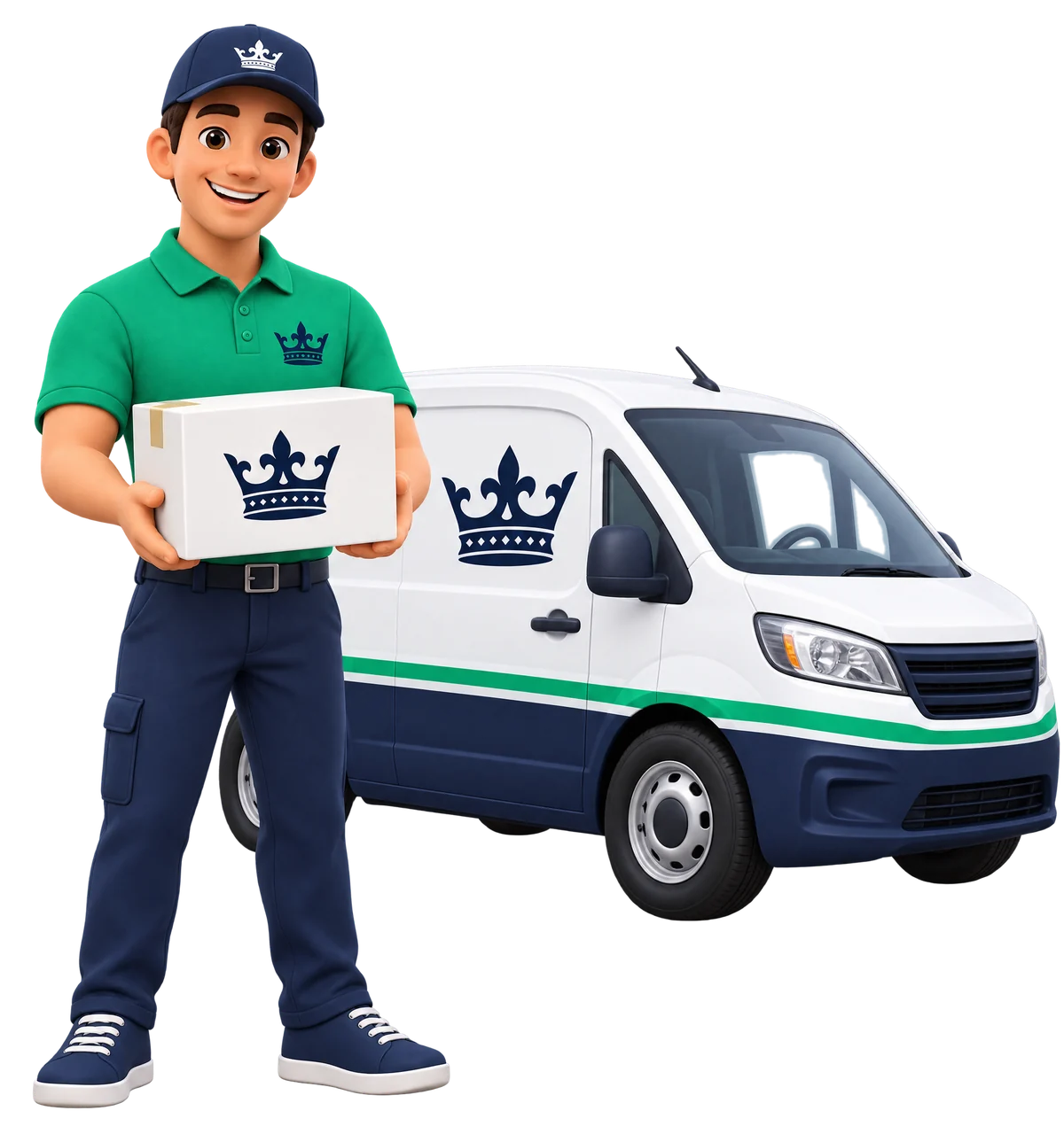 Illustration : livreur KING Pharma & Colis tenant un colis, devant sa camionnette