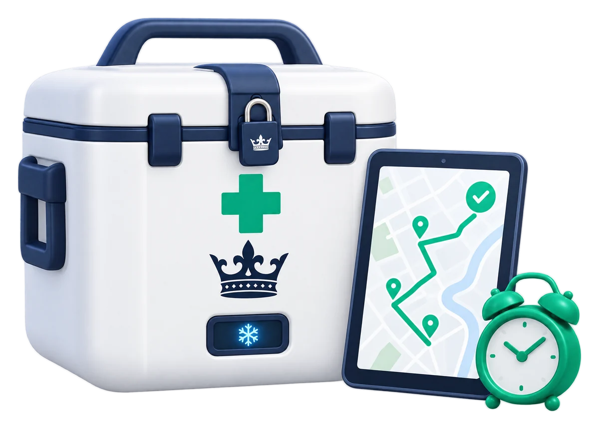 Illustration : mallette isotherme KING scellée pour le transport pharmaceutique, tablette de suivi de tournée et réveil