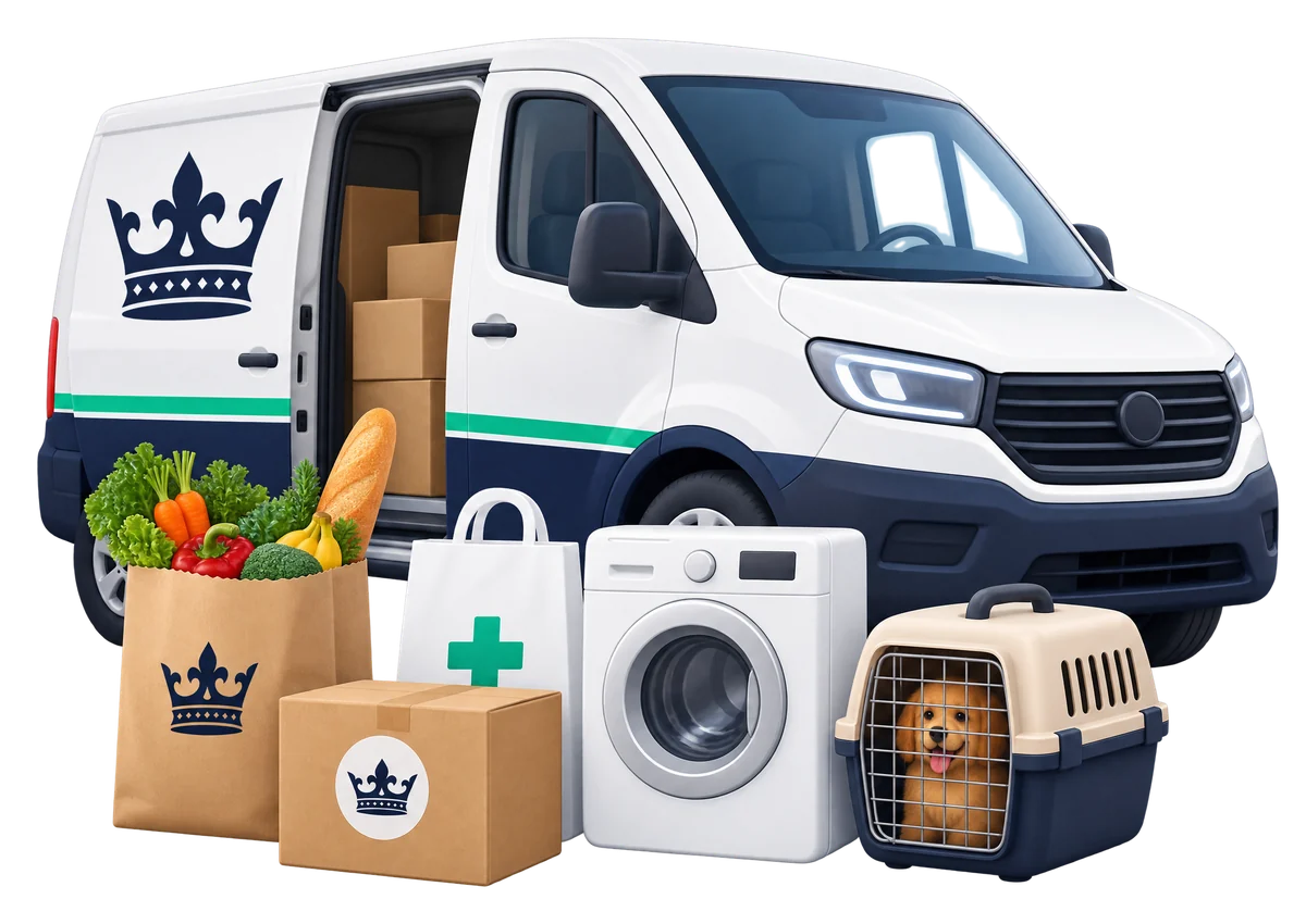 Illustration : camionnette KING Pharma & Colis porte ouverte, avec courses, colis, sac de pharmacie, lave-linge et caisse de transport pour animal