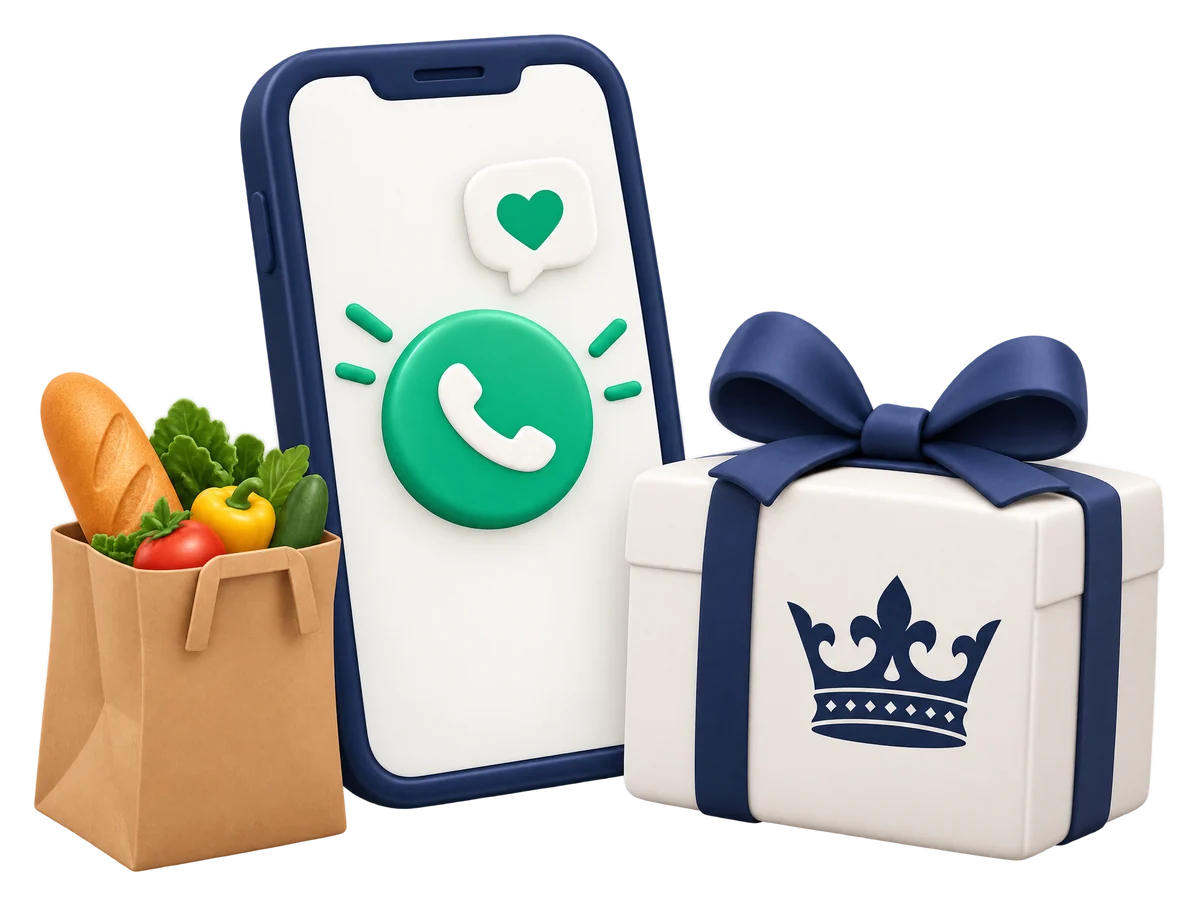 Illustration : smartphone prêt à appeler l'équipe KING, colis et sac de courses