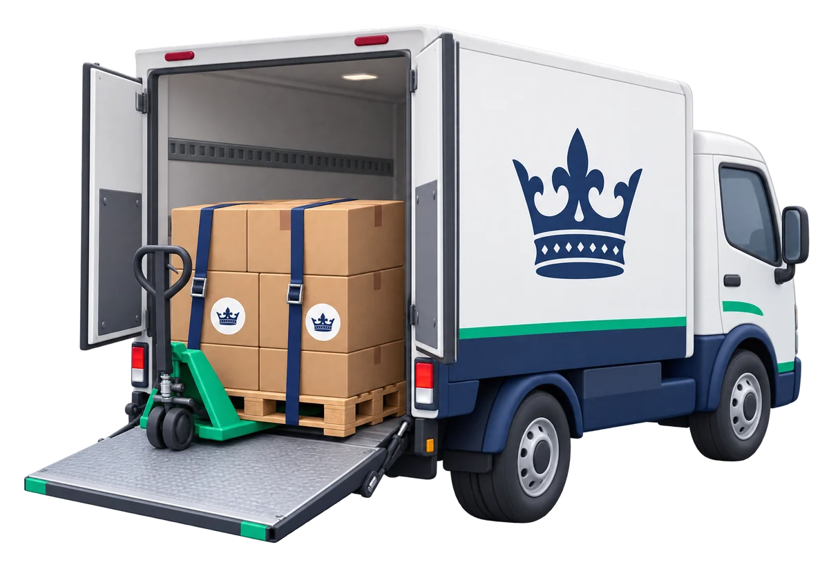 Camion KING Pharma & Colis, hayon abaissé, avec une palette de cartons sur un transpalette